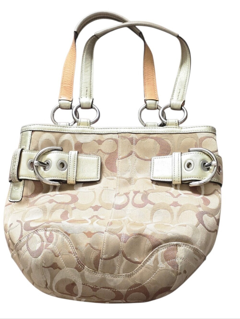Coach Signature Optic C Canvas Shoulder Bag in Beige Tan with Metallic Accents